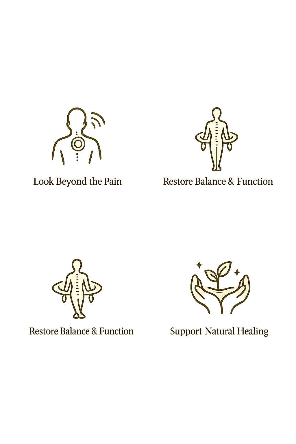 Infographic with iconography and text about health and healing. Top message encourages going beyond pain, with a human figure icon and a heart symbol. Middle messages emphasize restoring balance and function, featuring a figure in a meditation pose. Bottom message advocates supporting natural healing, illustrated with hands holding a sprouting plant.
