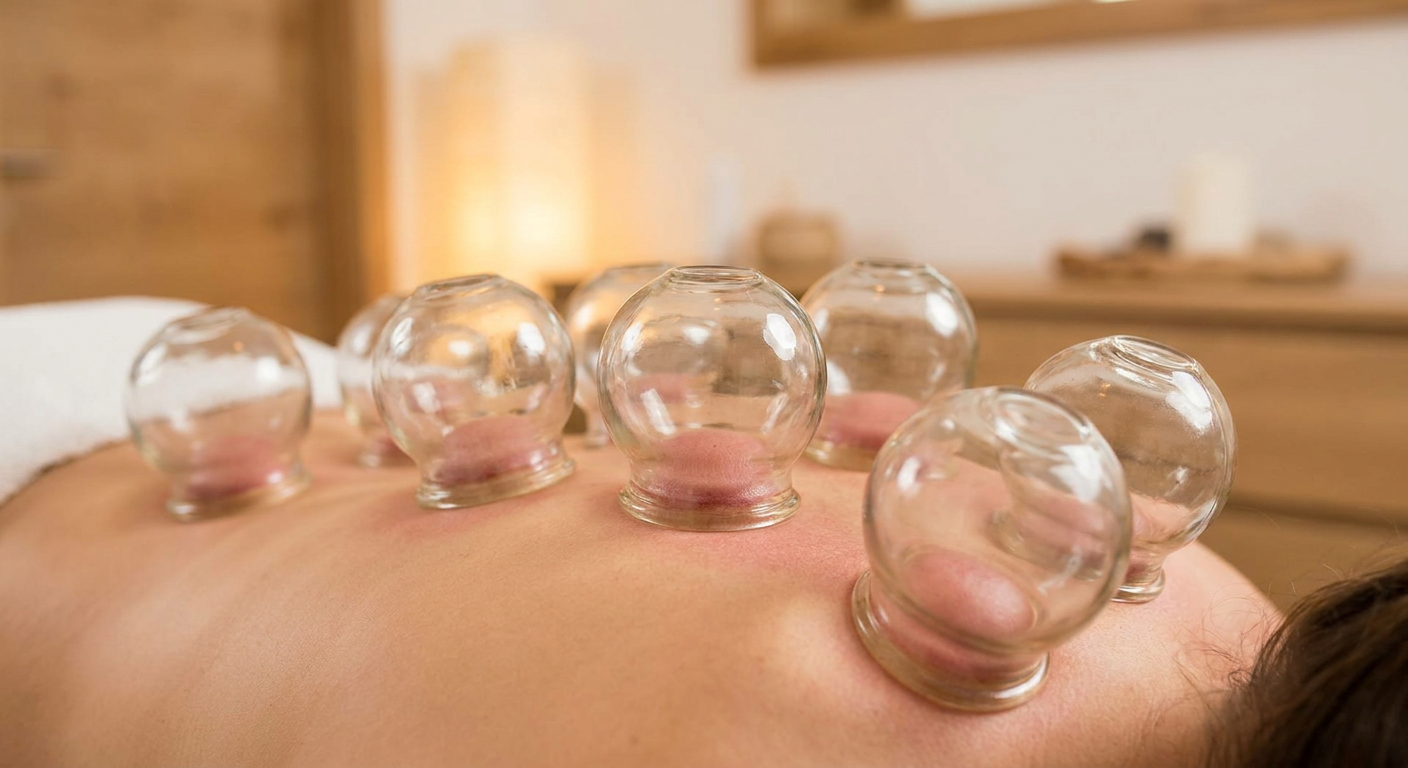 A person receiving cupping therapy with multiple glass cups applied to their back.