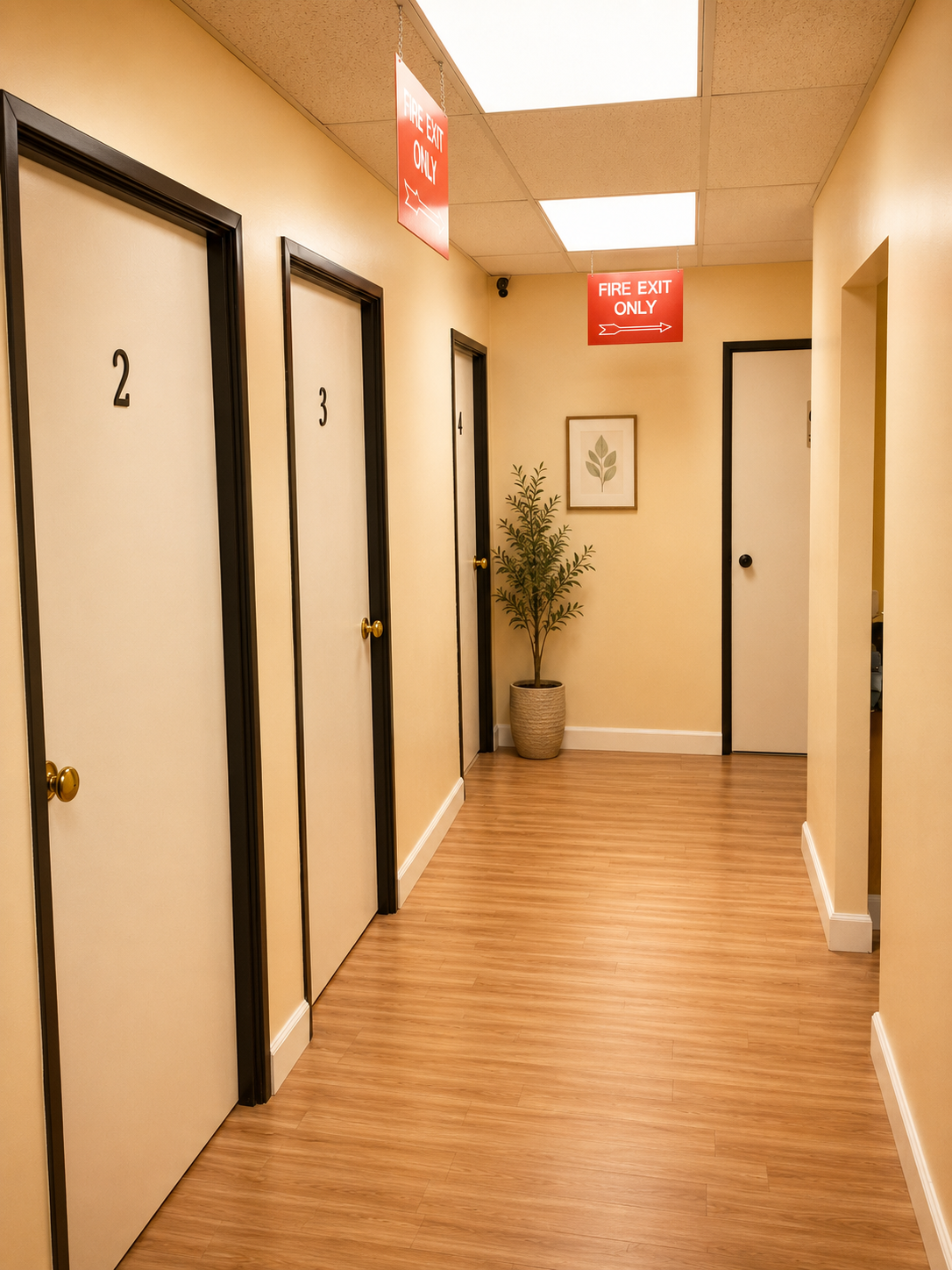 A hallway featuring numbered doors 2, 3, and 4 with gold doorknobs, framed botanical art on the beige wall, a potted plant, and two red fire exit signs with arrows pointing right.