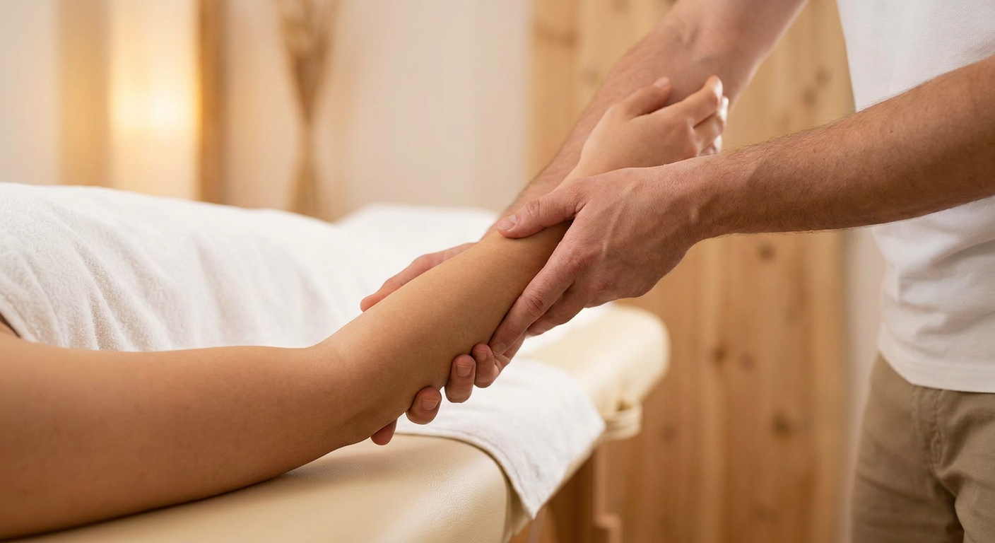 A person lying face down on a massage table with their arm extended. A massage therapist gently holds and supports their arm with both hands in a wellness or massage therapy setting.