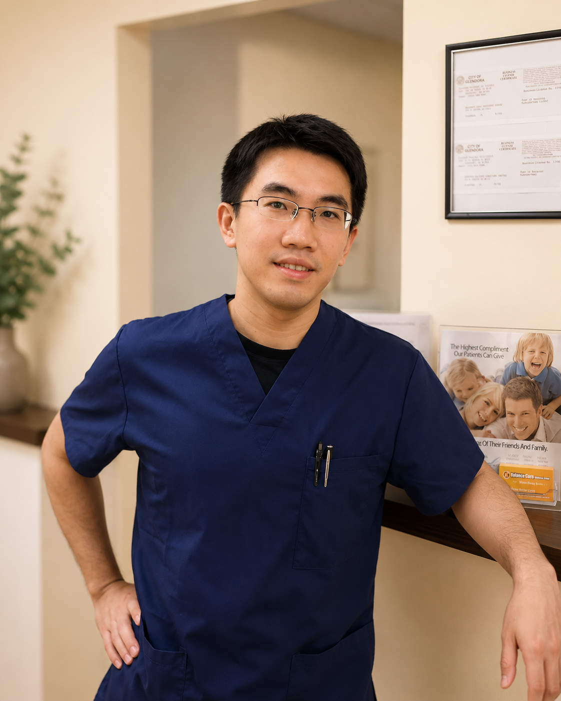 A young male healthcare professional wearing blue scrubs and glasses, standing in a medical office or clinic with his hand on his hip, smiling at the camera.