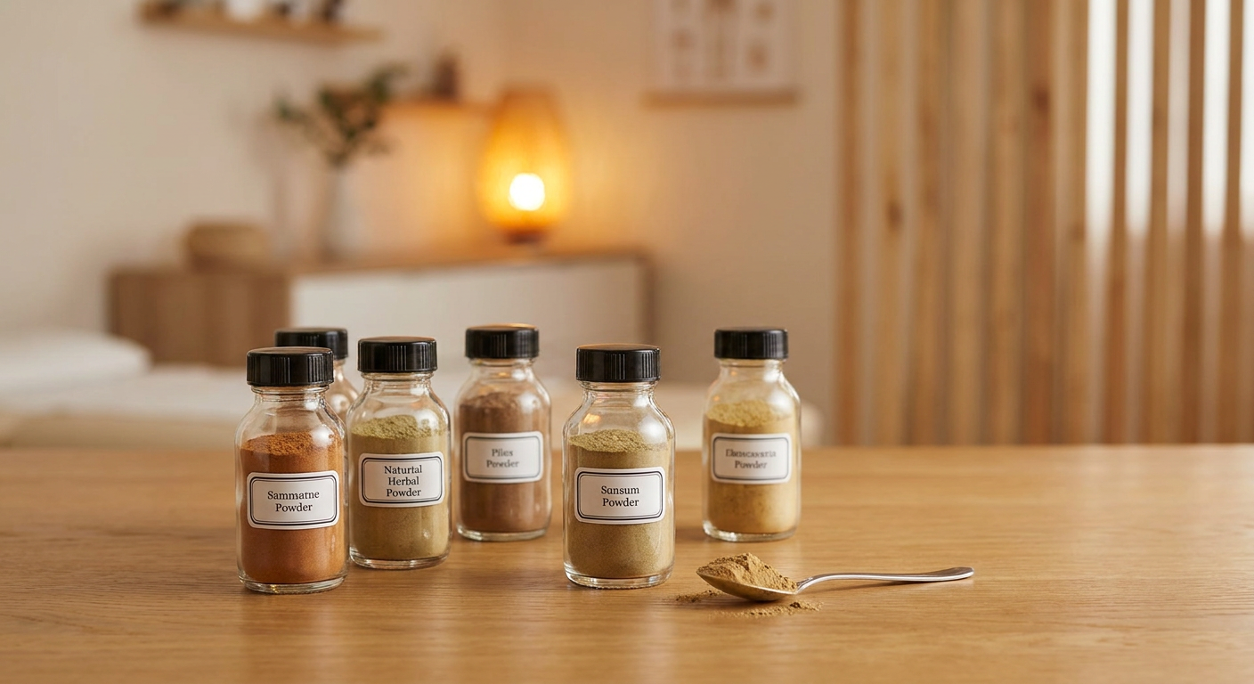 Five containers with herbal and medicinal powders on a wooden table, labeled from left to right: Samtame Powder, Natural Herbal Powder, Piles Powder, Sansum Powder, Dholkarenter Powder. A spoon with powder is in front of the containers.