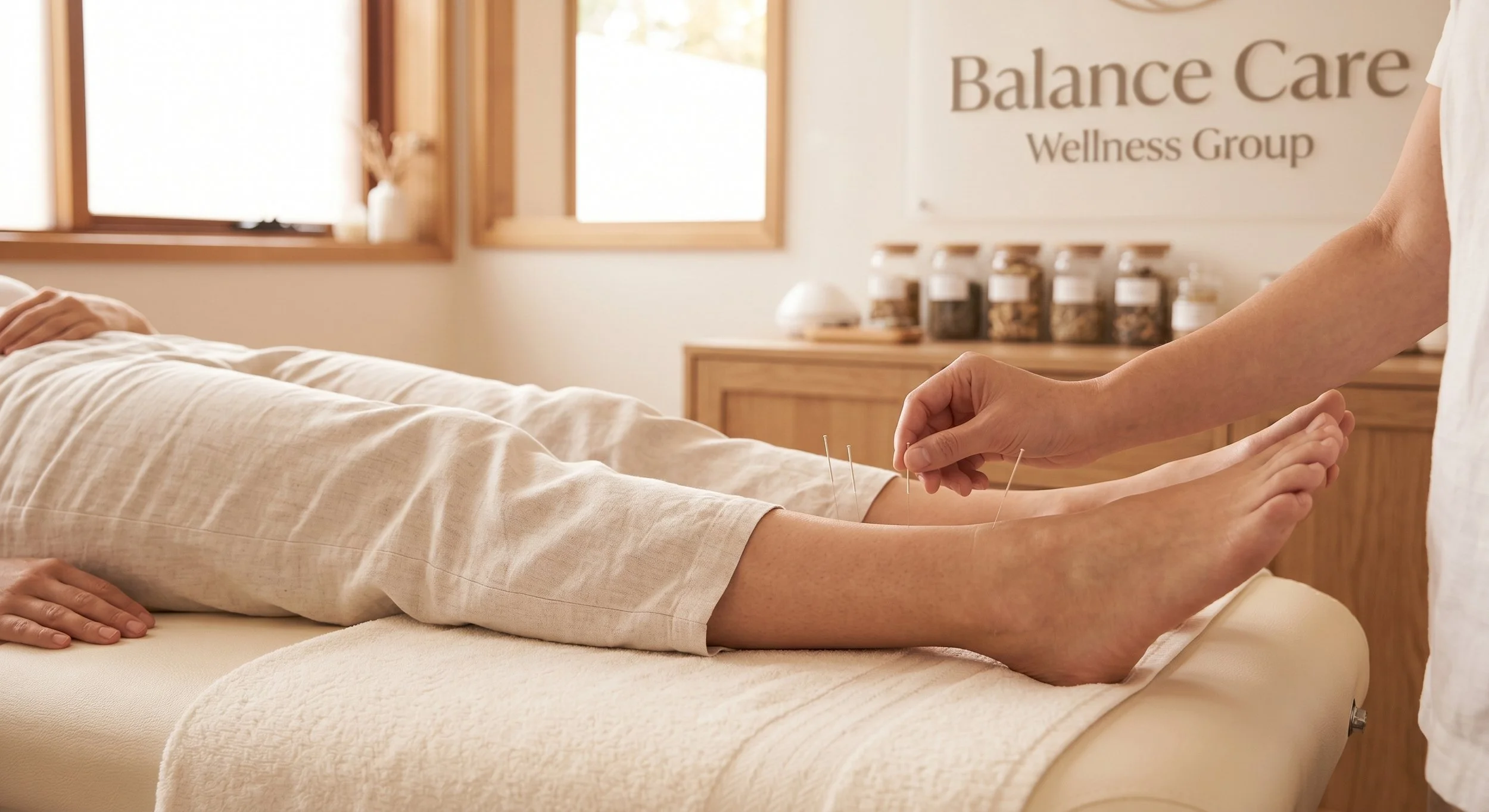 Person receiving acupuncture treatment in wellness clinic.