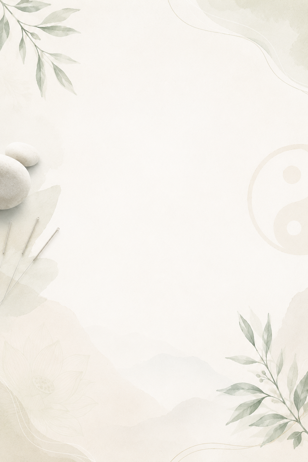 Minimalist background with soft green leaves and stones, featuring a yin-yang symbol in the background.
