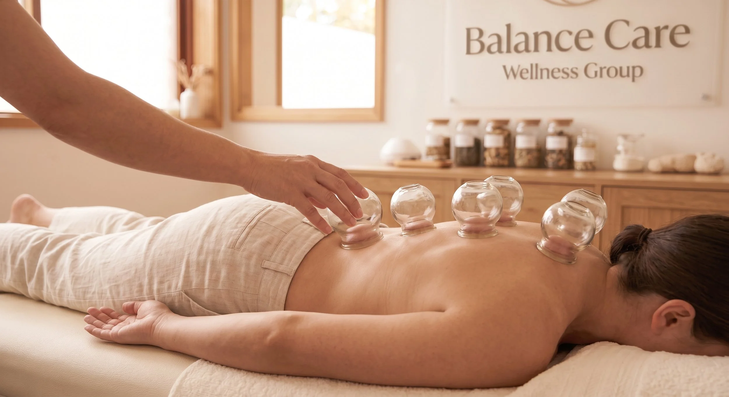 Person receiving a thermal cupping therapy treatment on back in a wellness center.