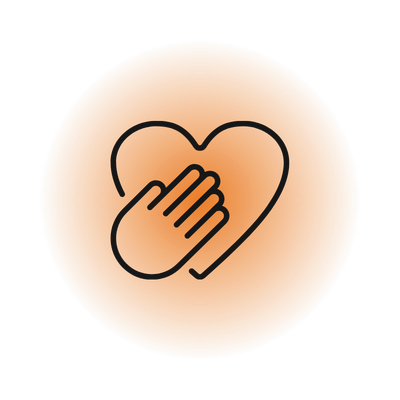 Icon of a hand hugging a heart on an orange circular background.