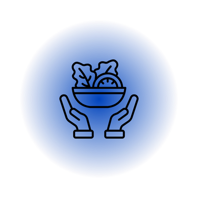 Icon of two hands holding a bowl of salad with lettuce and a tomato, set against a blue circular background.
