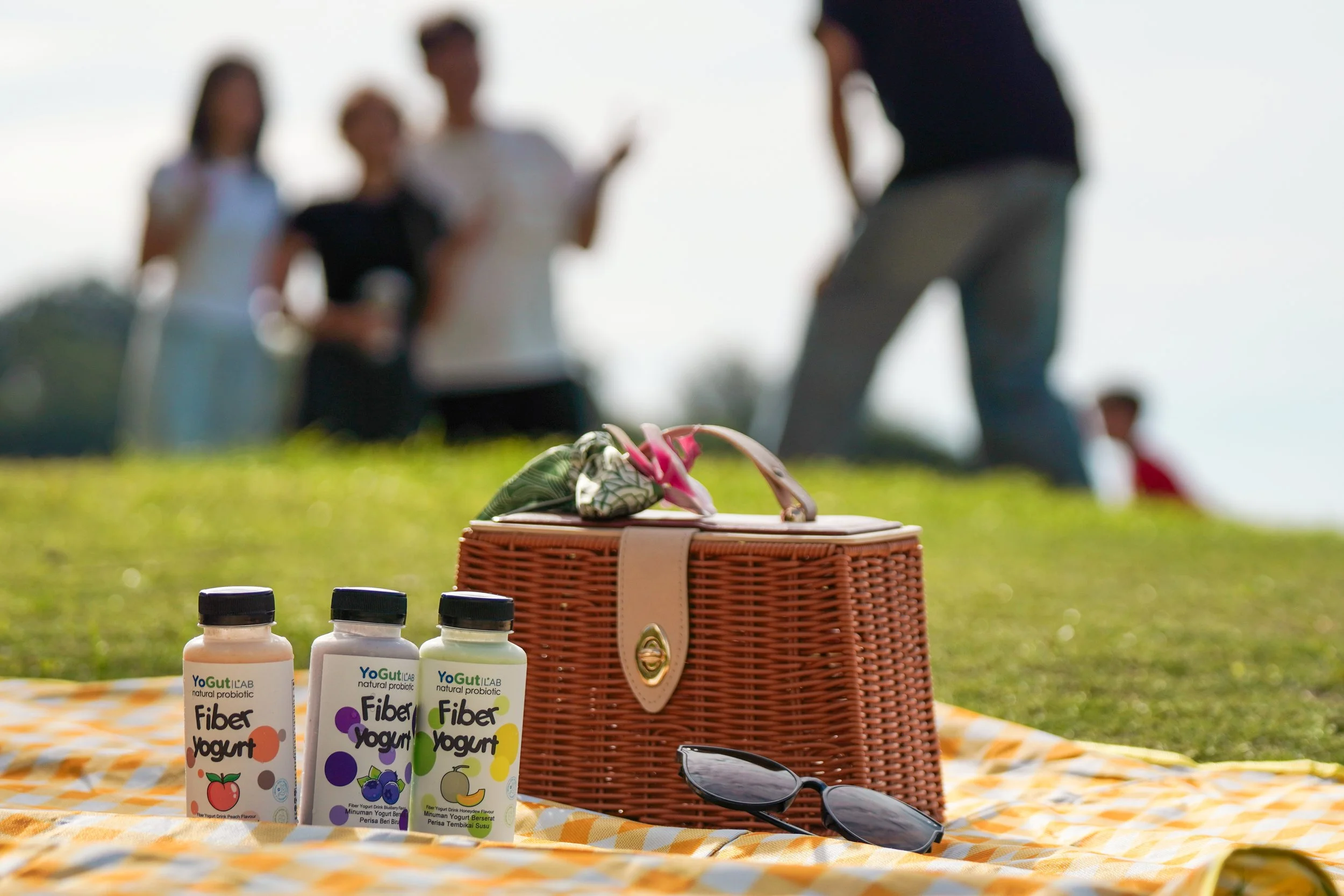 Bottles of Yogutlab's yogurt drinks on an orange checkered blanket, with a woven basket, sunglasses, and a picnic scene with blurred people in the background.