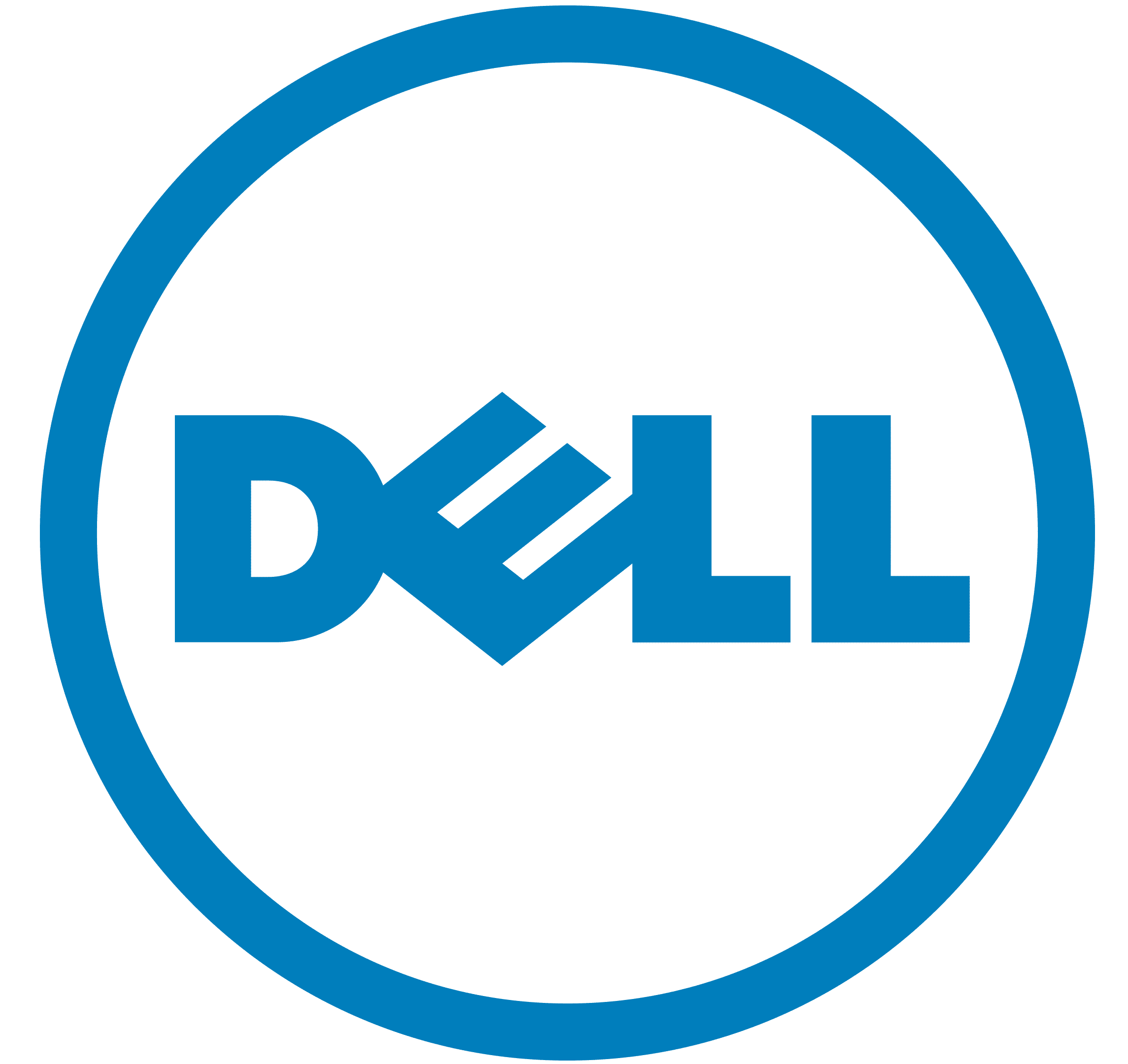Dell logo in blue circle on black background, a technology company.
