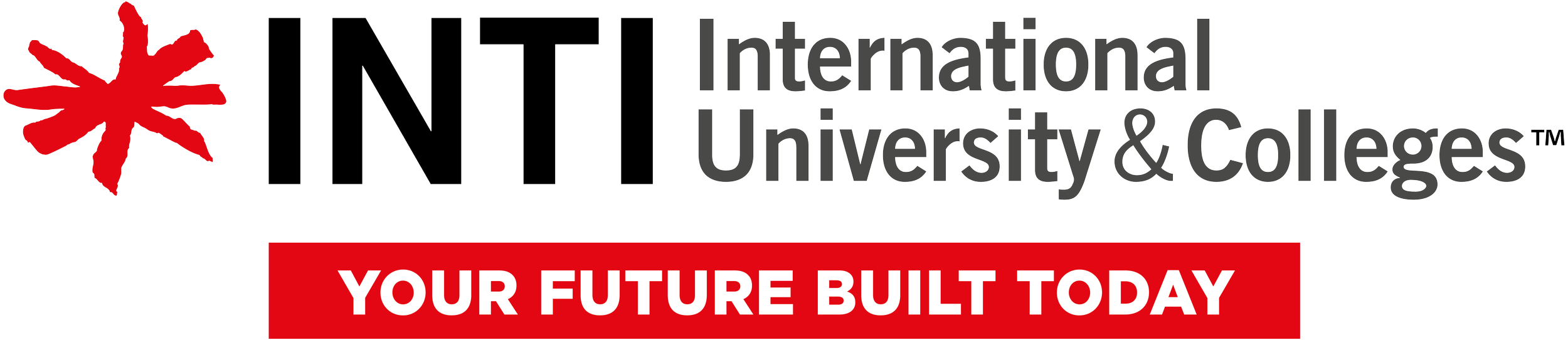 The logo for International University & Colleges featuring a red abstract star symbol, with the text "INTI" in large black letters, and "International University & Colleges" in smaller black letters. A red banner below with white text reads "YOUR FUTURE BUILT TODAY."