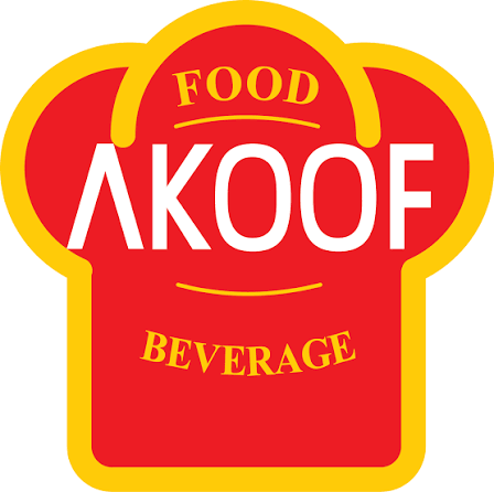A logo with a red bread slice shape, yellow outline, and the words 'FOOD BEVERAGE' in yellow and 'AKOOF' in large white letters in the center, a company in Penang.