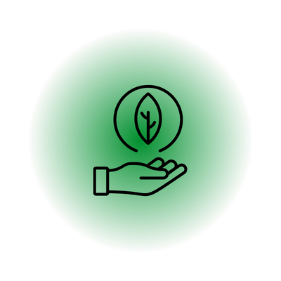 Hand holding a leaf icon inside a circle on a green background.