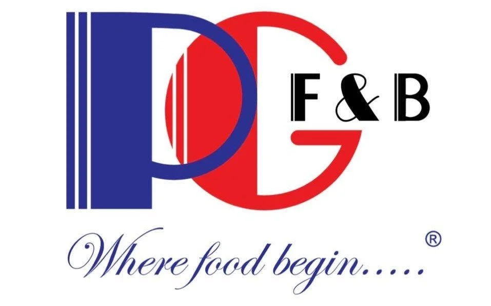 Logo with stylized letters P, D, G, and F&B; tagline 'Where food begin...', a company in Penang.