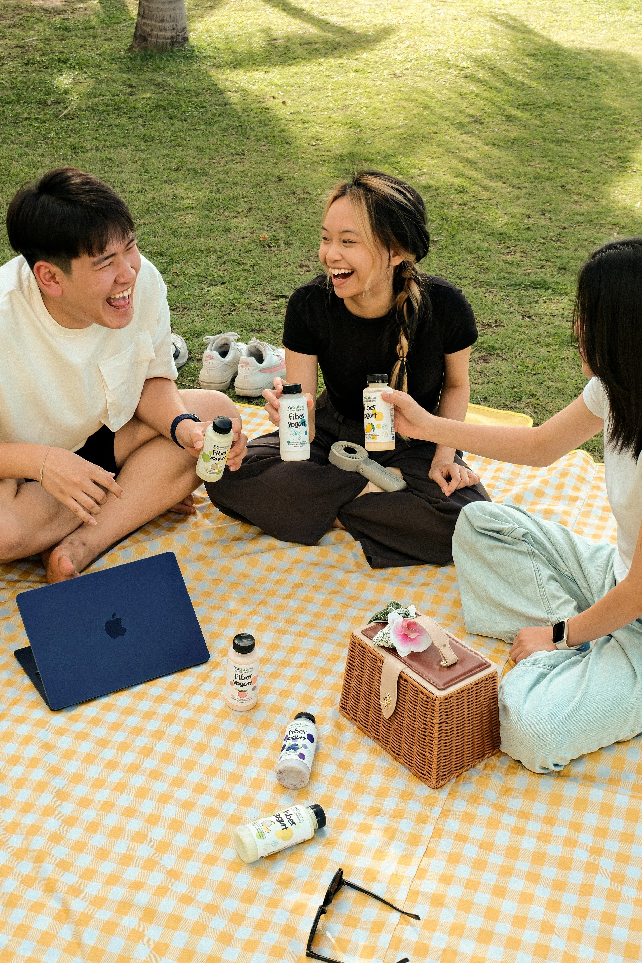 Four friends sitting on a yellow checkered blanket outdoors, enjoying YogutLab's yogurt, with sunglasses, a blue iPad, a wicker basket, a pink flower, and several bottles of yogurts.