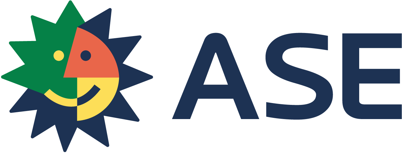 Colorful logo featuring a smiling face with a half-green, half- orange face, surrounded by green and dark blue geometric shapes, next to the text 'ASE' in dark blue representing ASE company.