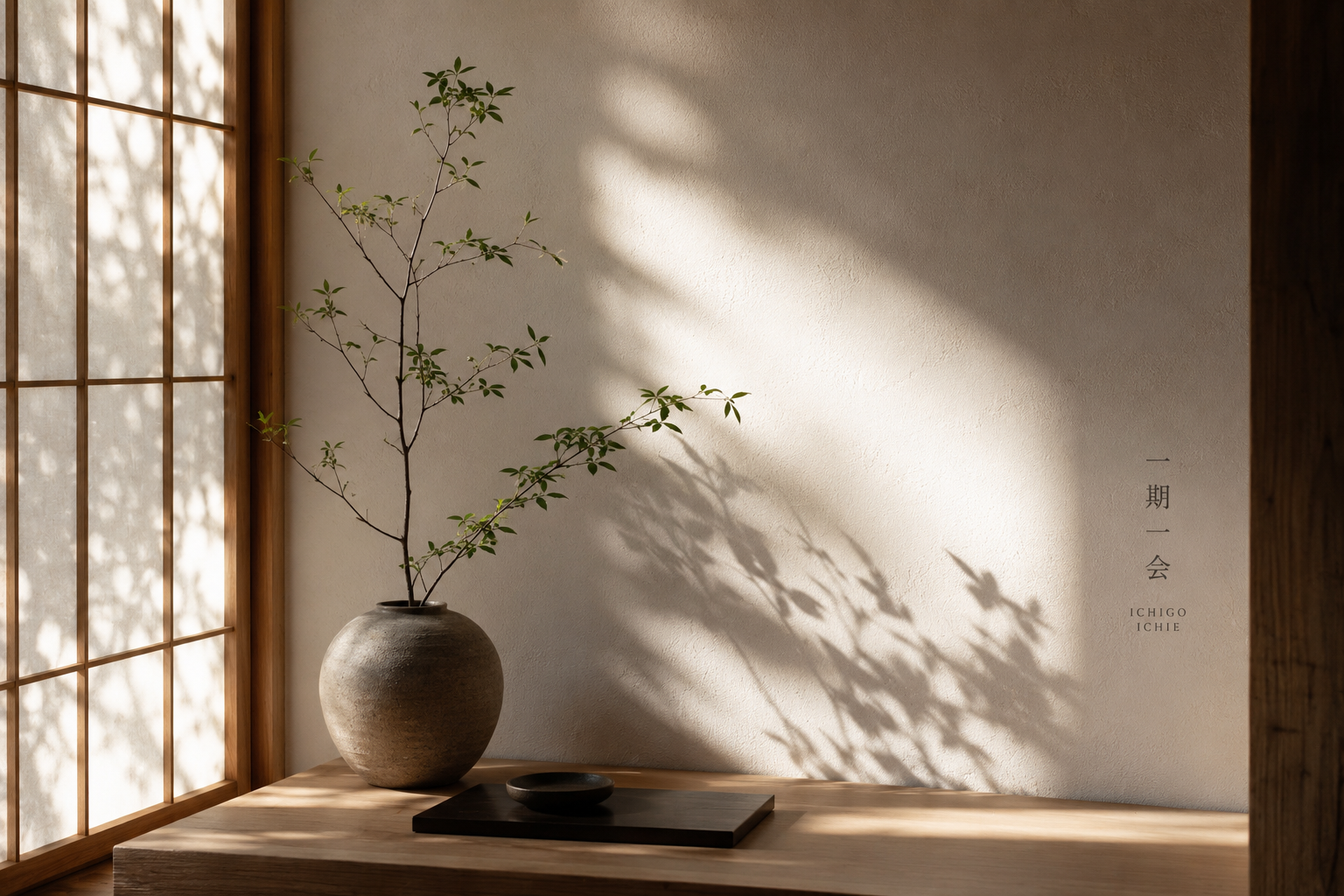 Minimalist Japanese interior with natural light and a potted plant