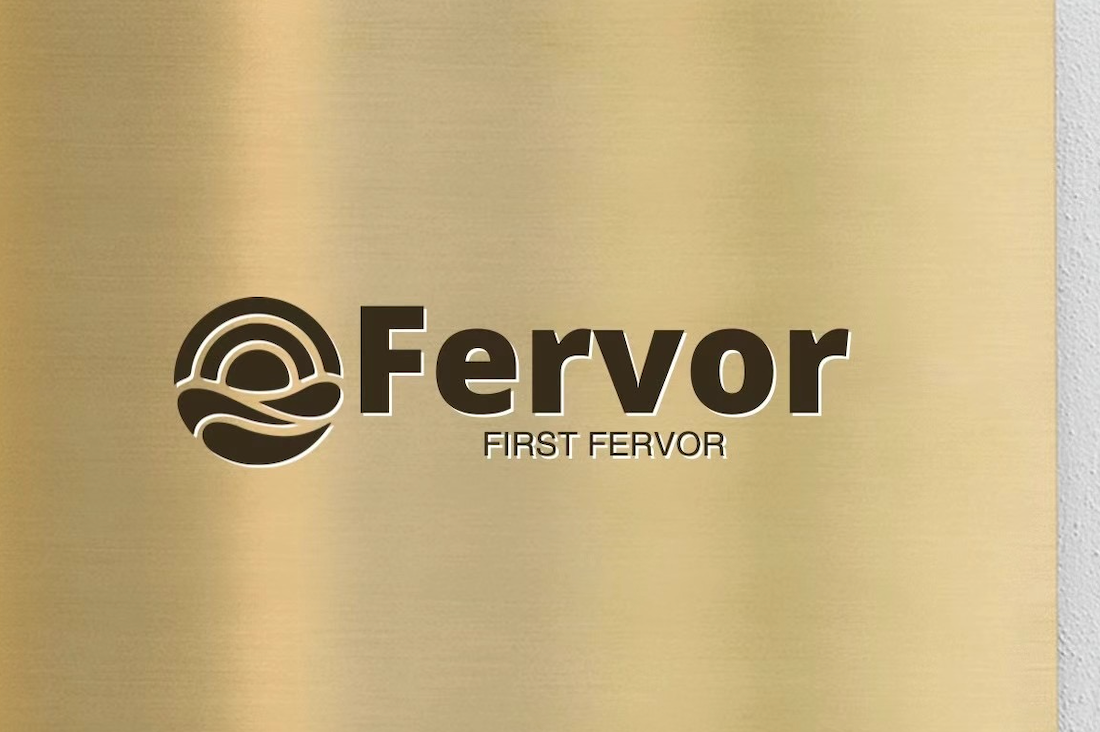 A logo with the text 'Fervor' and the slogan 'First Fervor' on a gold background, featuring a black and white circular emblem.