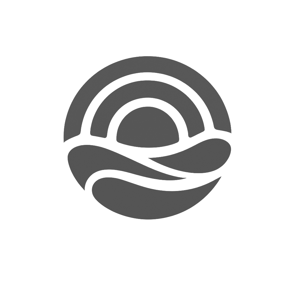 Minimalist black and gray logo featuring a stylized sun and wave design with the text 'Rising Tide' below.