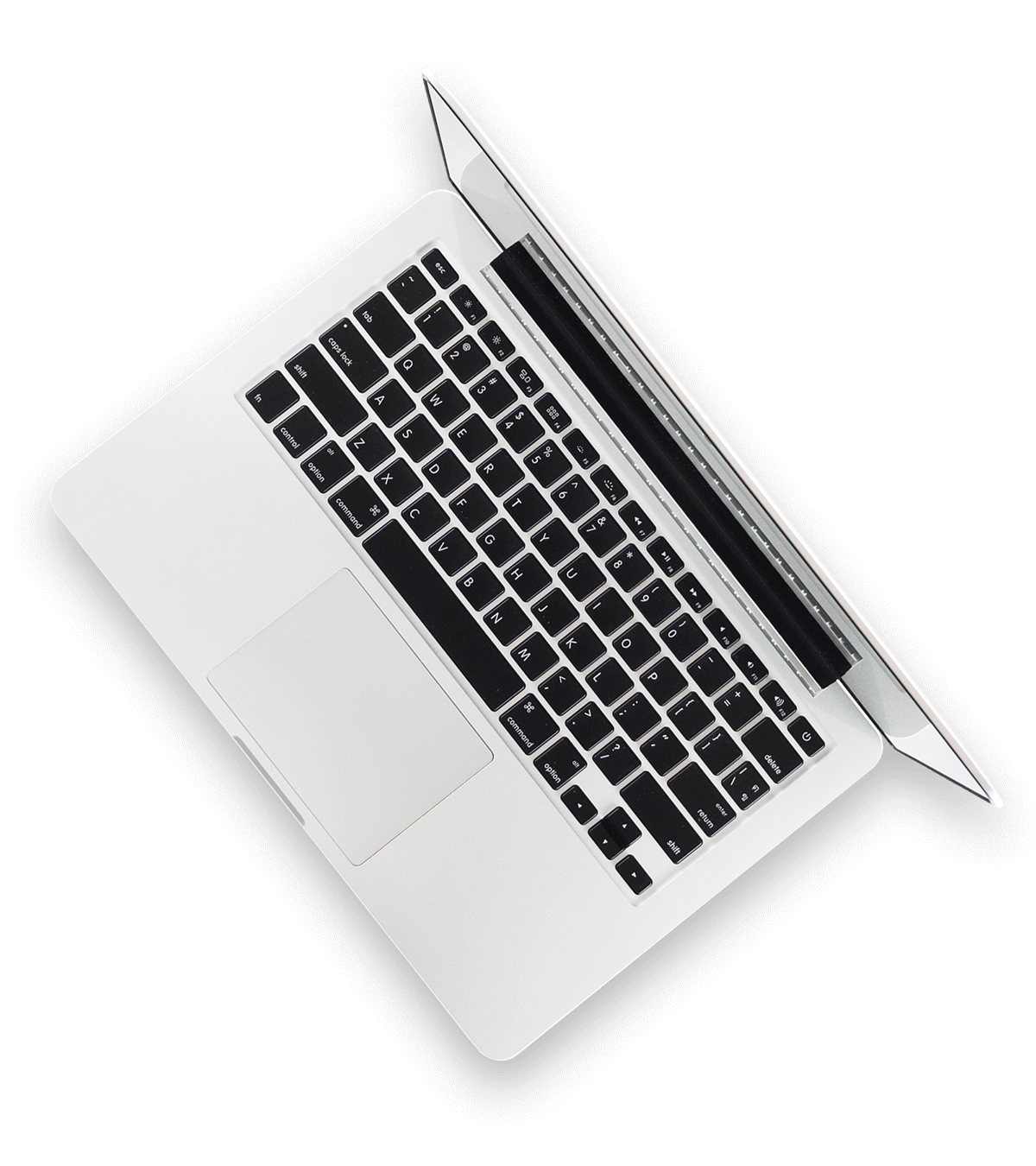 A silver laptop with black keys on a black background, opened at an angle.
