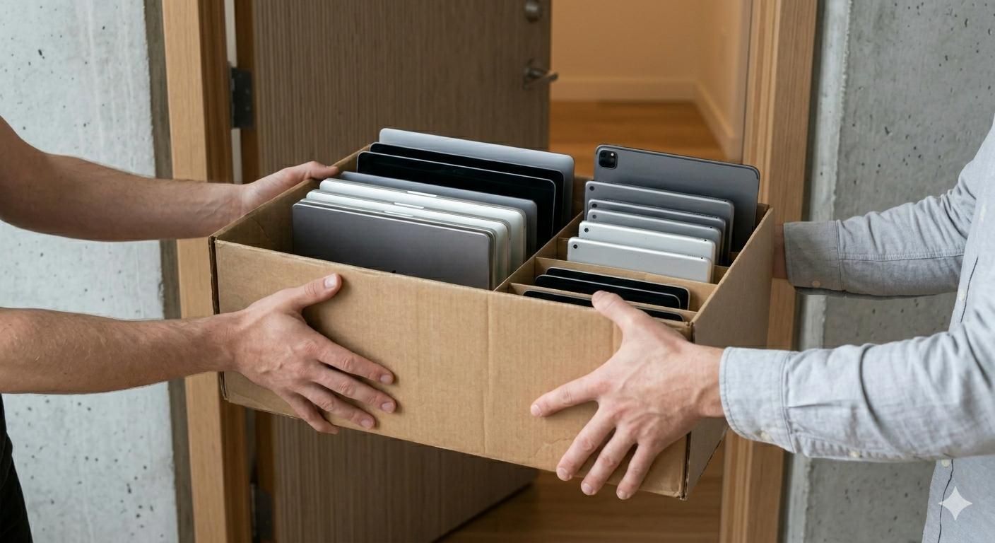 Two people are holding a cardboard box filled with various laptops and tablets.