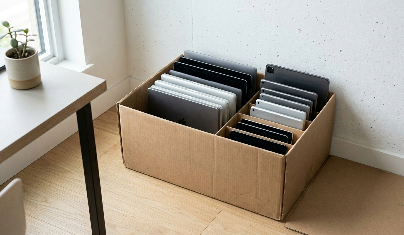 A cardboard box contains multiple laptops arranged vertically, placed on a wooden floor beside a white wall near a window with a potted plant on a nearby table.