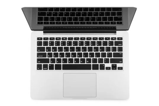Top-down view of a silver laptop with black keyboard and trackpad.