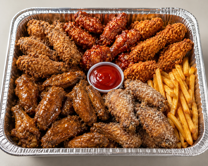 A large aluminum tray filled with assorted fried chicken wings, French fries, and a small container of ketchup in the center.