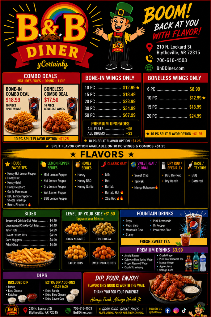 Menu poster for B&B Diner featuring combo deals, wing options, flavors, sides, drinks, and sweets with a cartoon leprechaun mascot.