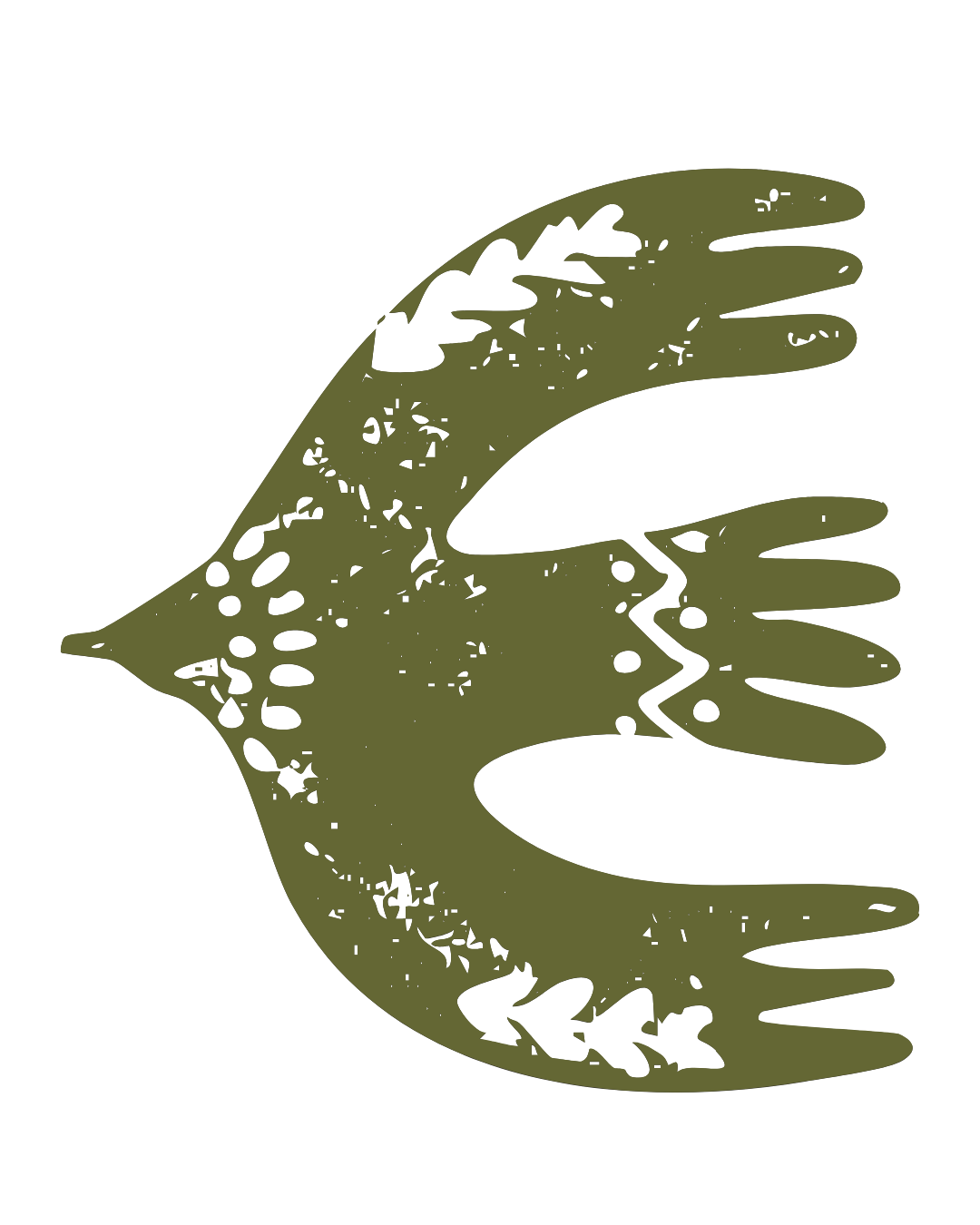A stylized, ancient-looking depiction of a bird in olive green with textured details against a black background.