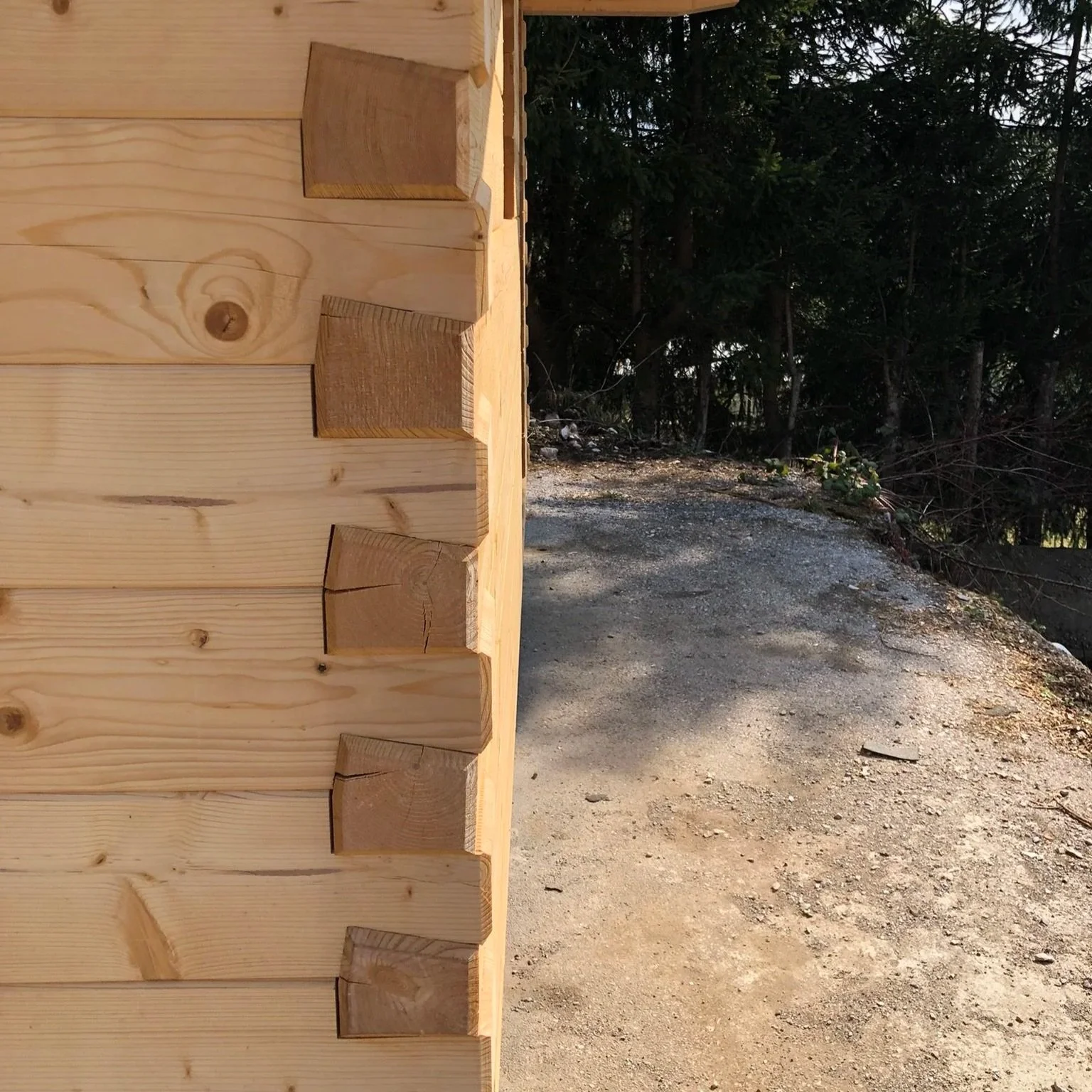 Nahaufnahme eines Blockbauhütte, Eckausbildung Blockbau