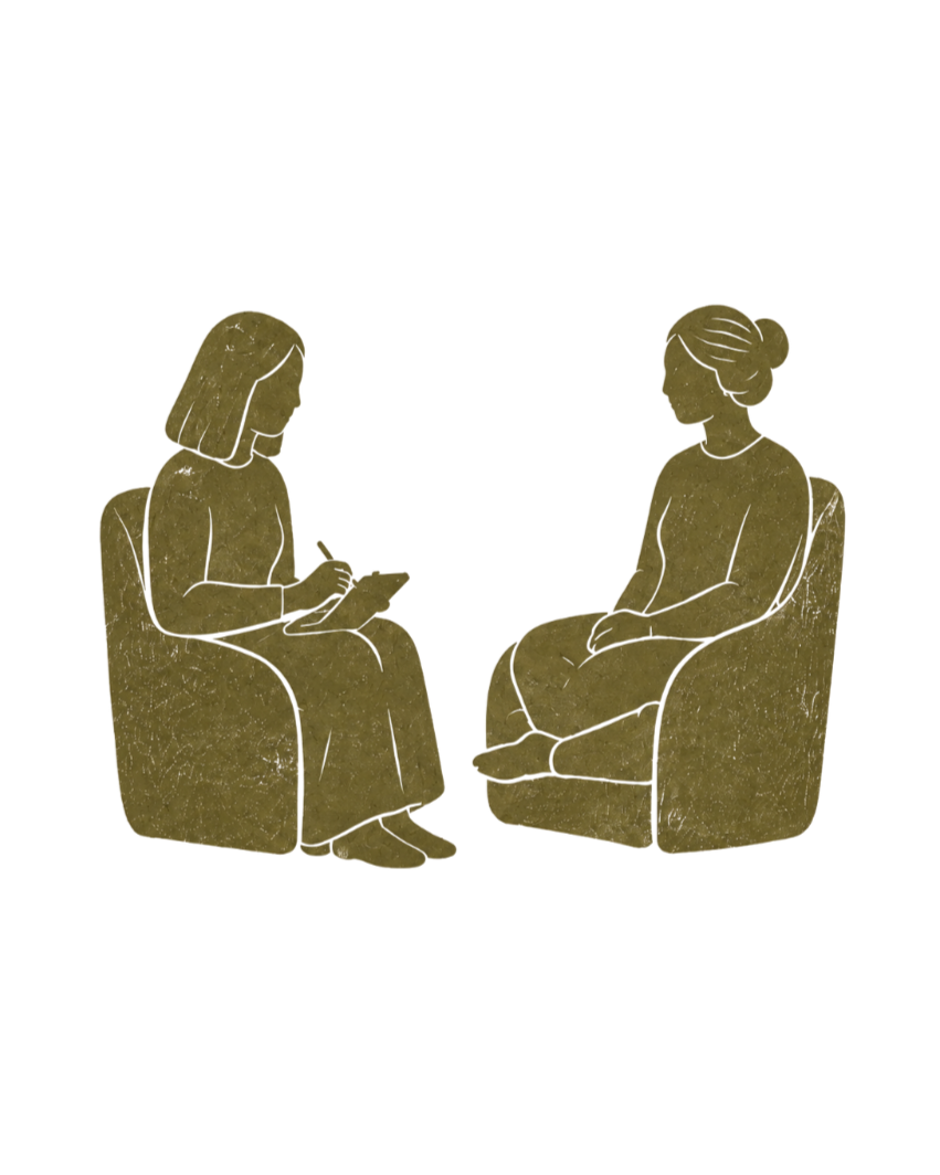 Illustration of two women having a conversation, one woman sitting with crossed arms, the other lying on a couch with a laptop showing a mountain and graph scene.