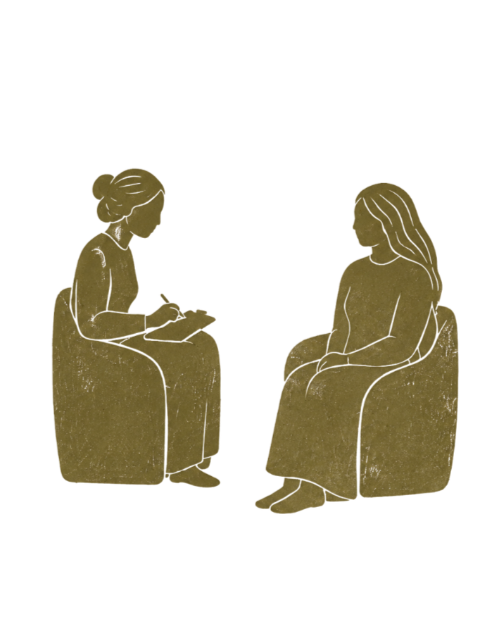 Illustration of a woman in a virtual meeting, sitting on a chair with a laptop, and a large screen showing another woman.