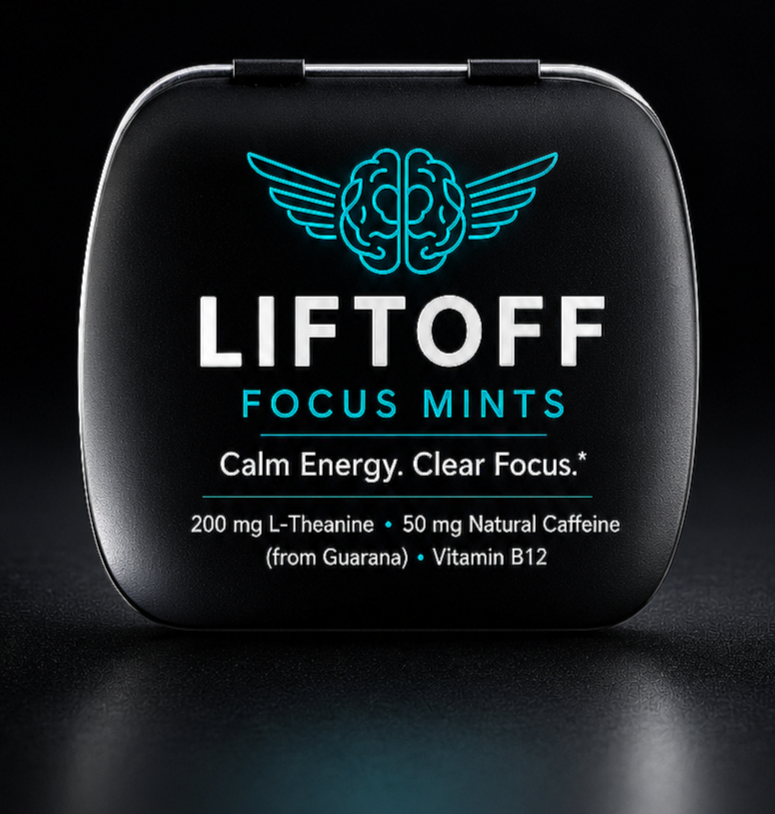 LIFTOFF Focus Mints peppermint dietary supplement in a matte black tin with L-Theanine, caffeine from guarana, and vitamin B12 to support calm energy and mental clarity.