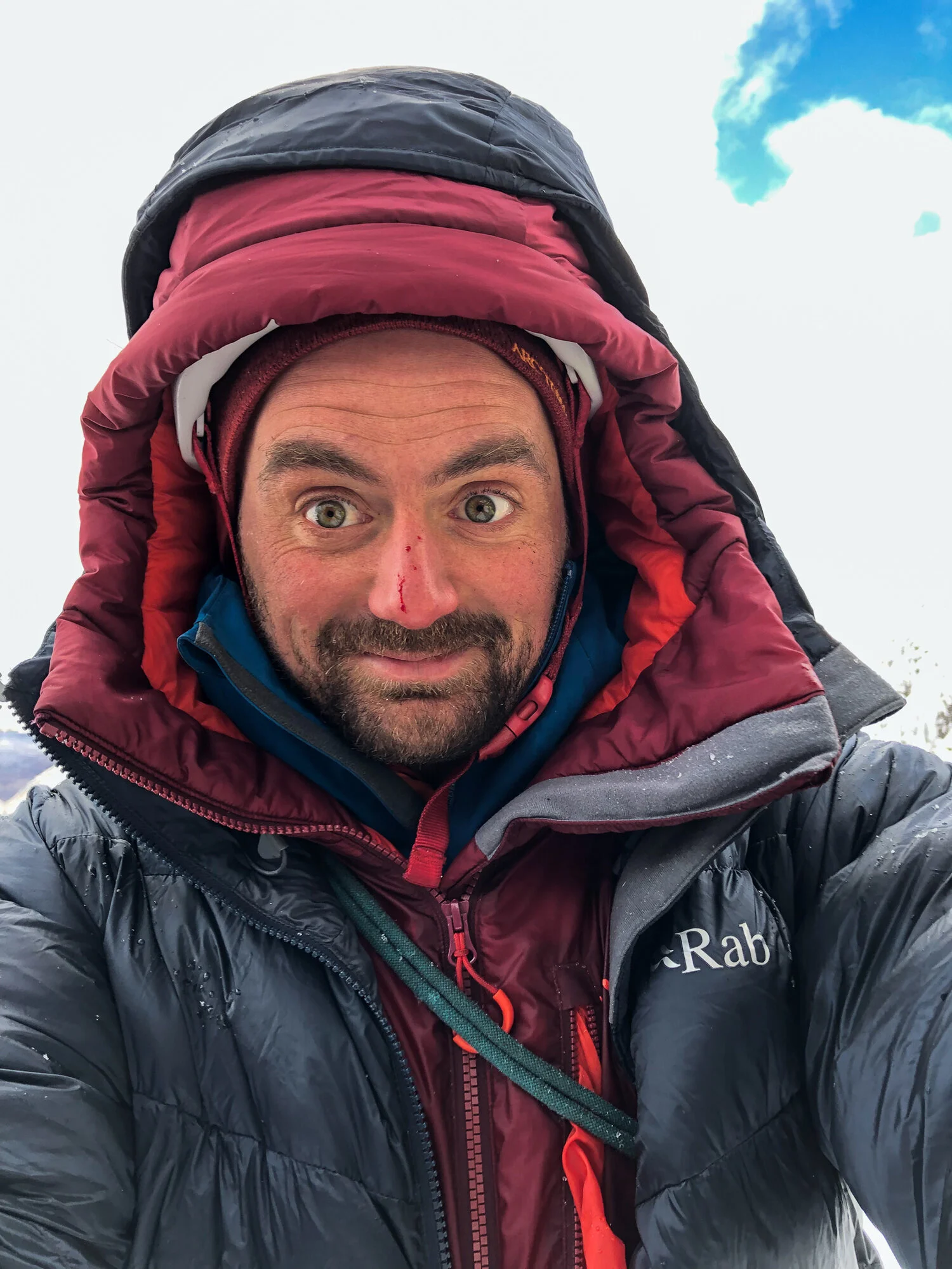 The only thing better than one belay jacket? Two belay jackets! And a cut nose after Luke Davies threw the crux hook pebble at me from half way up a pitch…