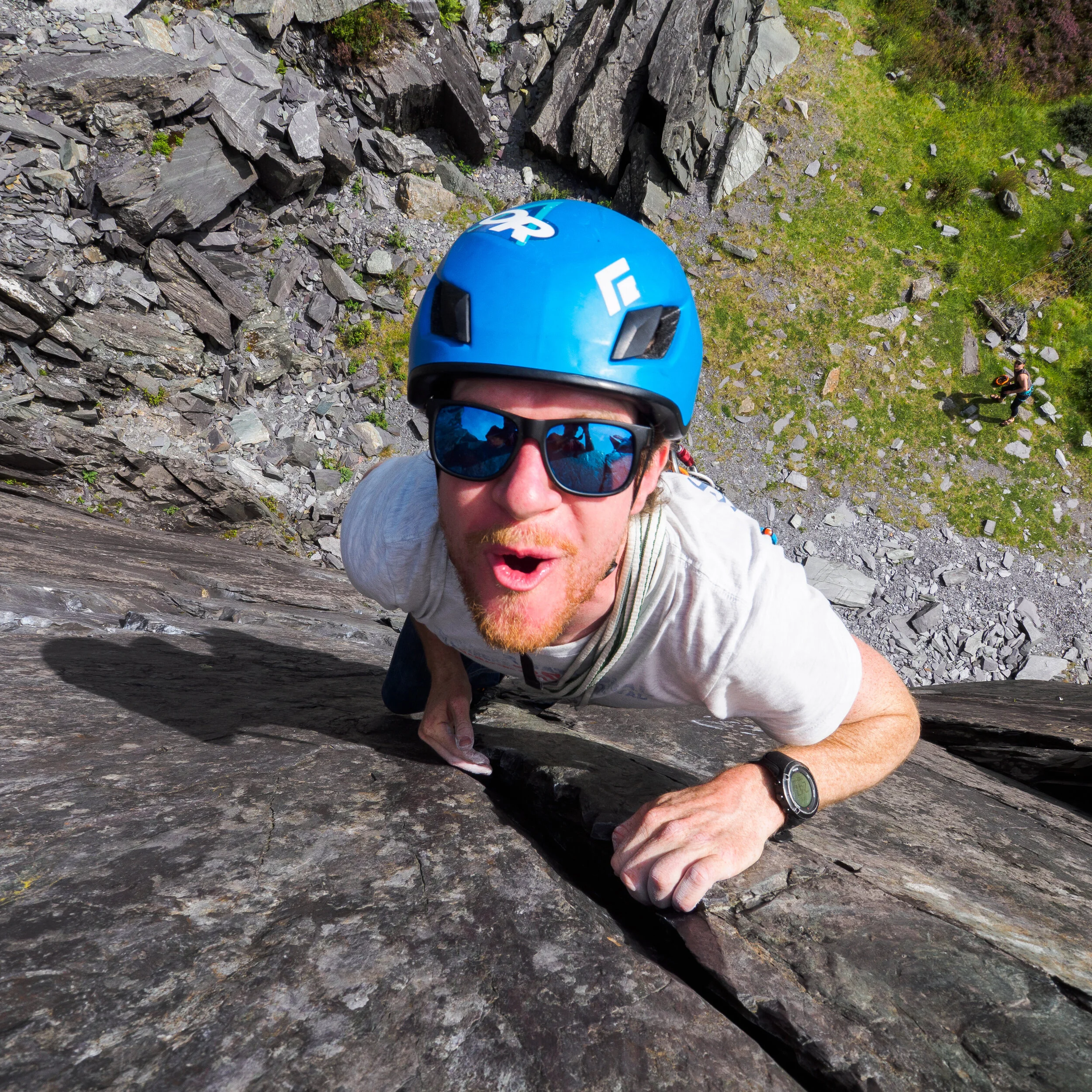 Trad onsighting watched from above.