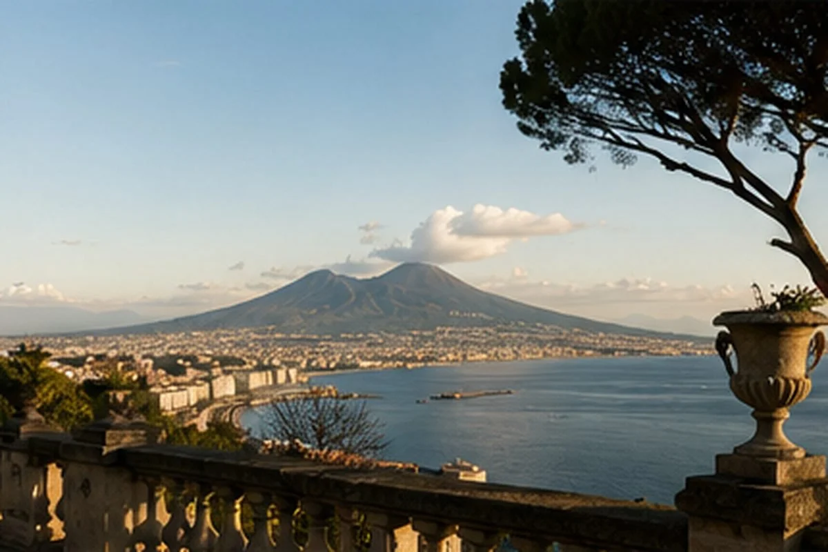 Mount Vesuvius seen across the Bay of Naples from a hillside terrace framed by Mediterranean architecture and trees.