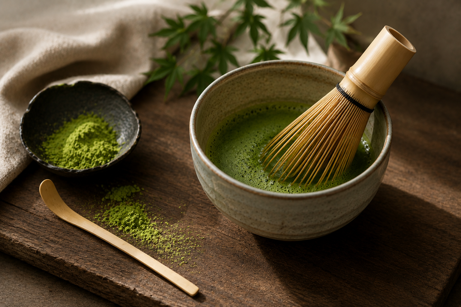 A traditional bowl of frothy green matcha sits on a dark wooden board with a bamboo whisk, matcha powder, and a small wooden scoop in warm natural light.