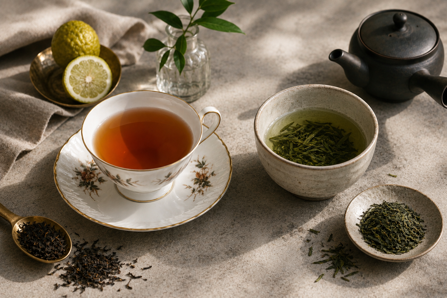 A porcelain cup of amber Earl Grey tea with bergamot sits beside a minimalist bowl of pale green sencha, surrounded by loose tea leaves and a dark Japanese-style teapot.