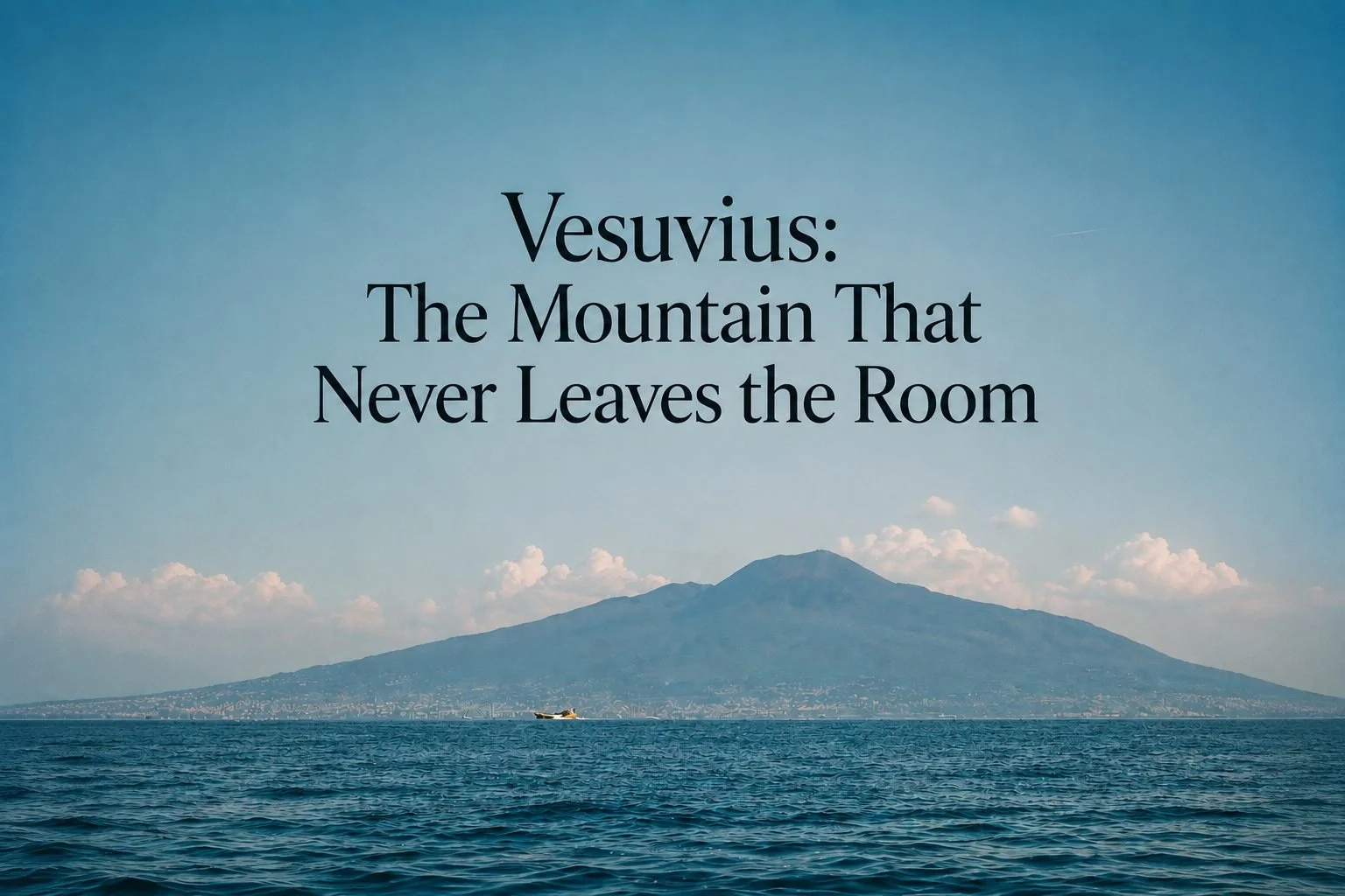 Mount Vesuvius rising beyond the Bay of Naples, with calm blue water in the foreground and the article title, “Vesuvius: The Mountain That Never Leaves the Room,” centered in the sky.