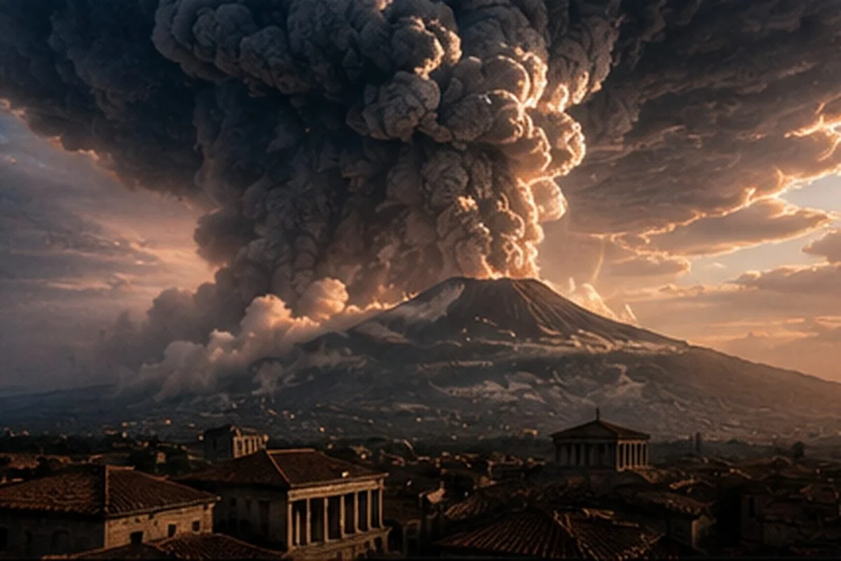 Artistic depiction of Mount Vesuvius erupting in A.D. 79, with a towering cloud of ash rising above Roman settlements.