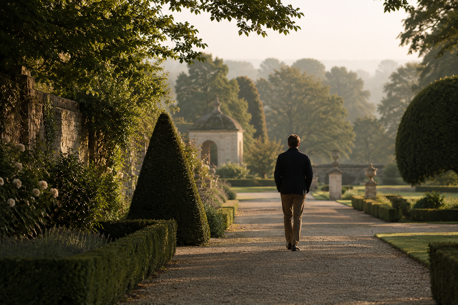 Solitary man walking along a gravel path through a formal garden in soft morning light without carrying a phone.