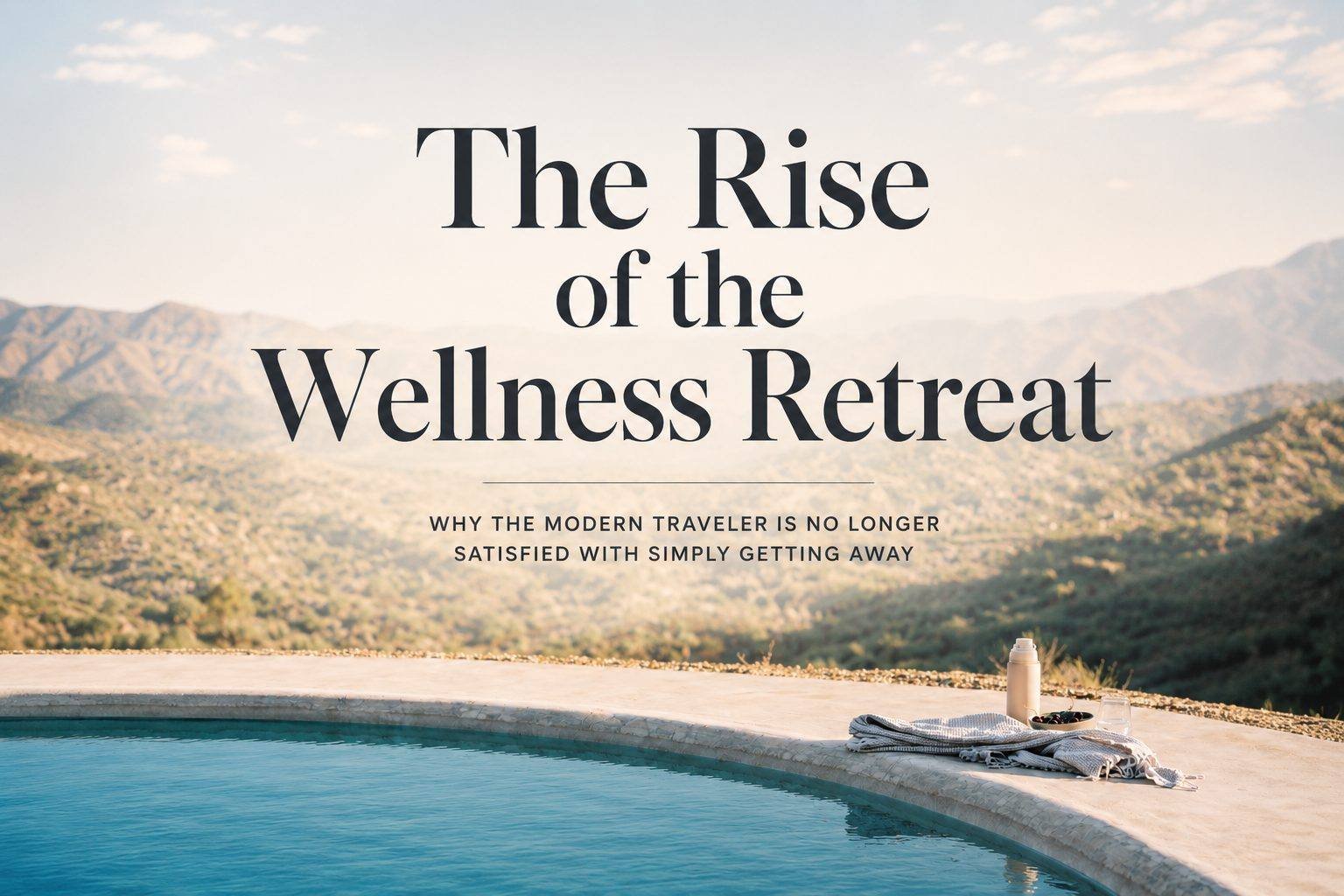 Luxury wellness retreat overlooking mountains, with a tranquil swimming pool in the foreground.