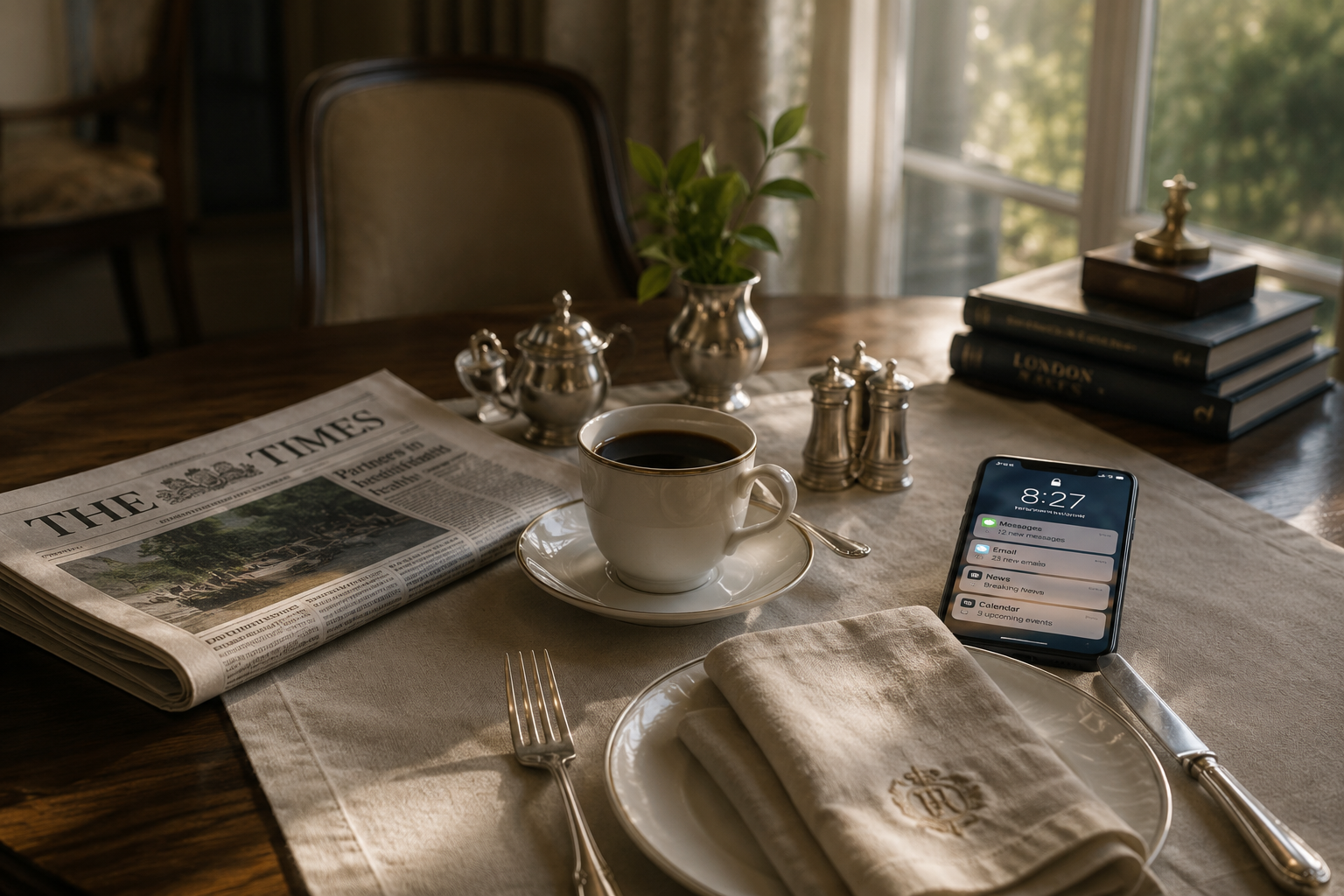 A quiet, refined breakfast setting is interrupted by a glowing phone filled with notifications, capturing the moment the outside world enters a private room.