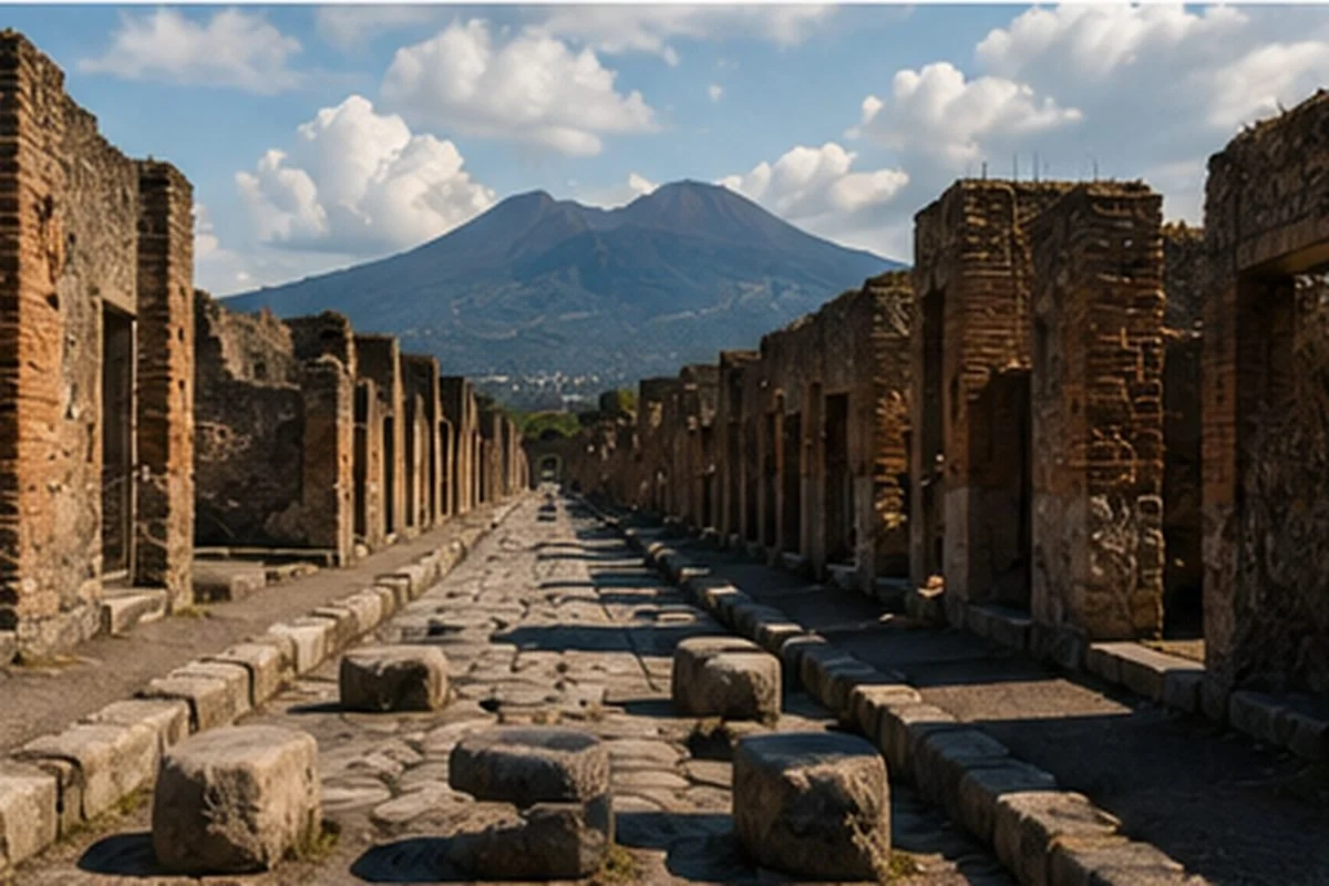 Ancient street in Pompeii with stone paving, ruined buildings, and Mount Vesuvius visible in the distance.