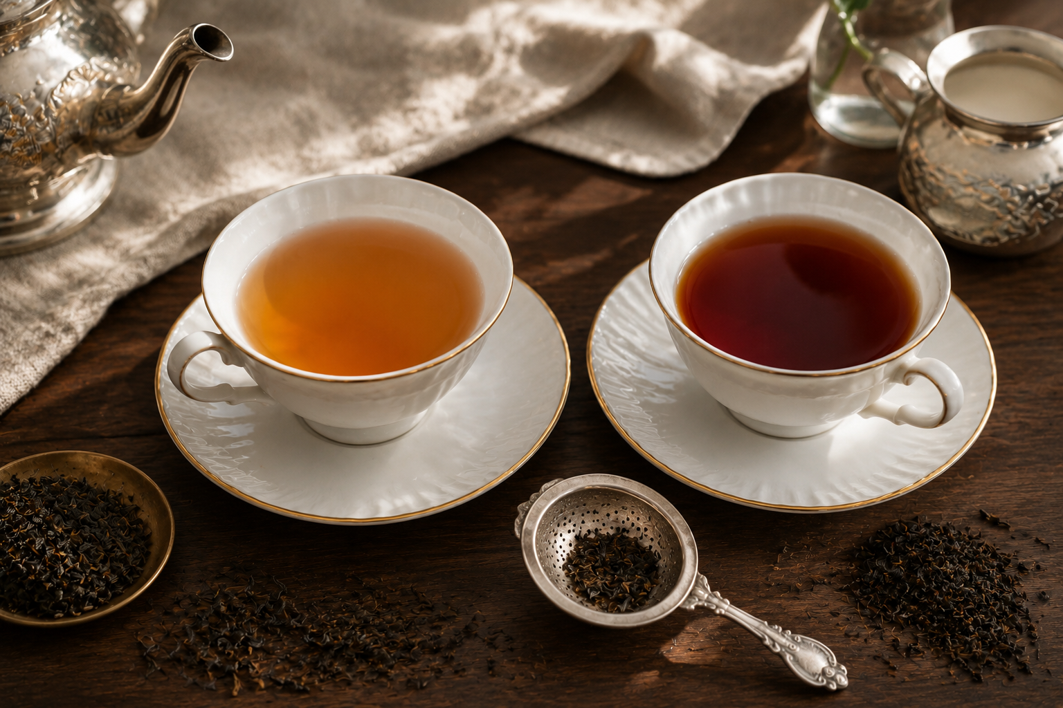 Two porcelain cups of black tea, one pale amber Darjeeling and one deeper reddish Assam, sit on a dark wooden table with loose tea leaves, a silver strainer, and a polished tea service.