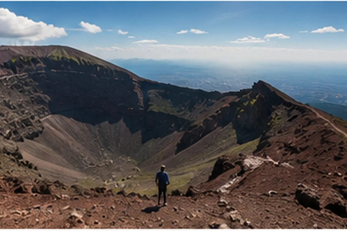 View into the crater of Mount Vesuvius from the rim, with dark volcanic rock and a solitary figure providing scale.