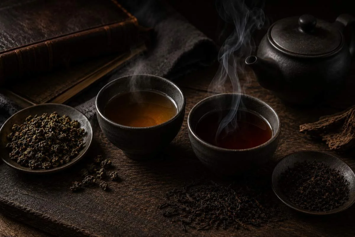 Two steaming cups of oolong and lapsang souchong sit on a dark wooden table with curled tea leaves, a black ceramic teapot, and a leather-bound book in moody evening light.