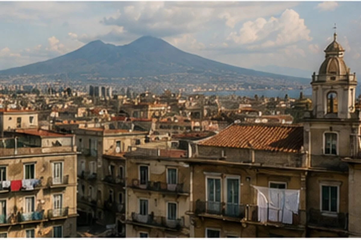 Naples rooftops and residential buildings with Mount Vesuvius rising prominently in the background.