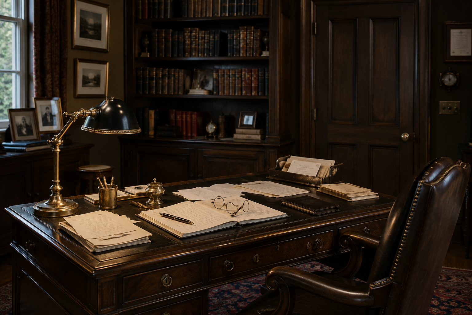 A richly paneled private study with a closed door, orderly papers, books, and a lit desk lamp gives responsibility a clear, contained place.