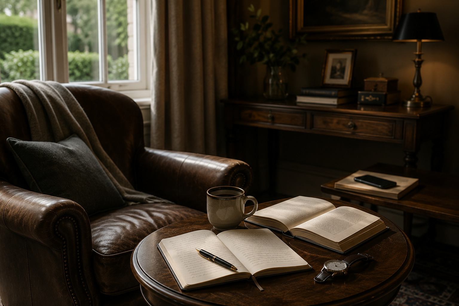 Armchair beside a window with an open book, notebook, fountain pen, and watch, while a phone rests on a distant table.